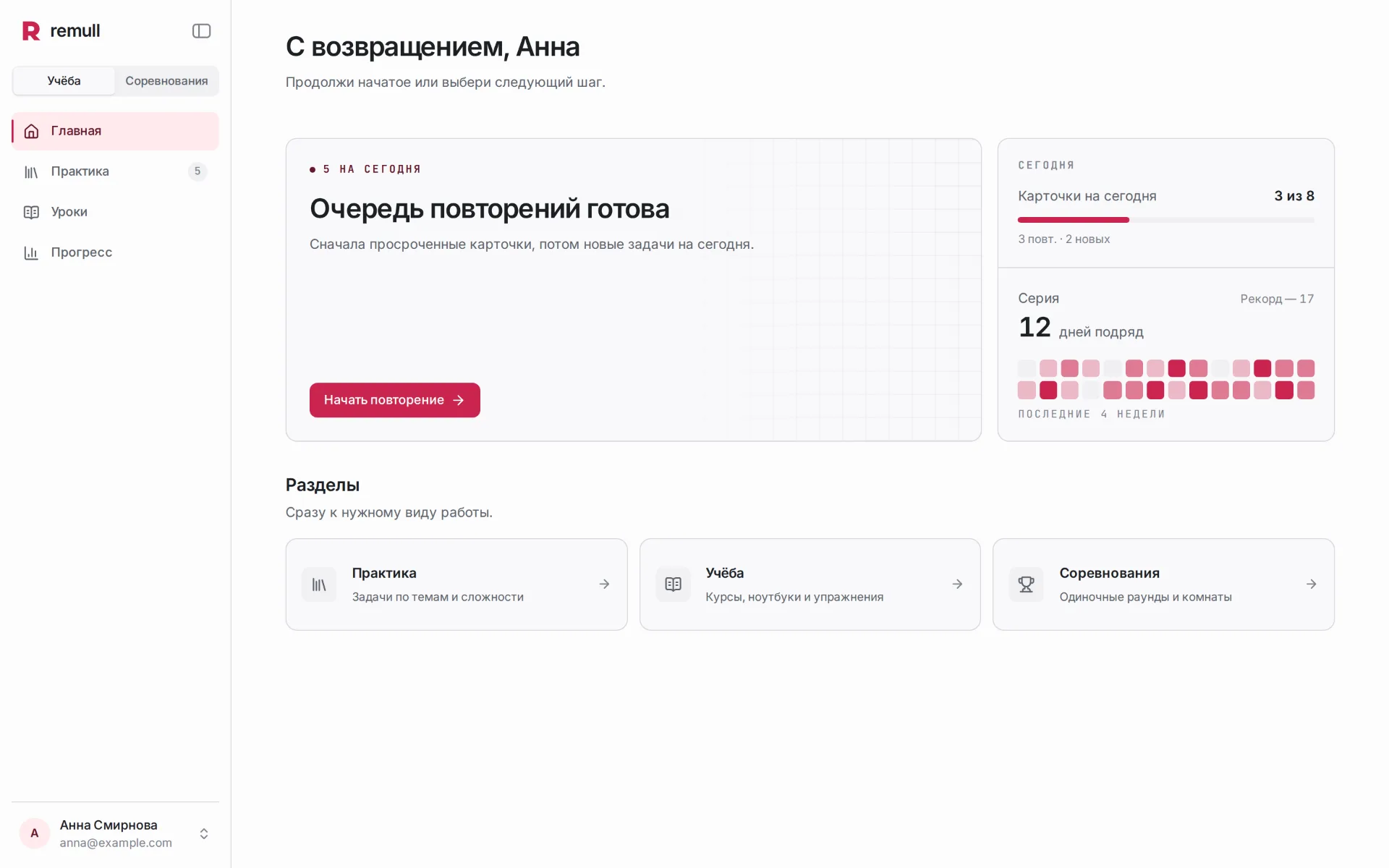 Главная: очередь повторений, прогресс дня, серия 12 дней и сетка активности